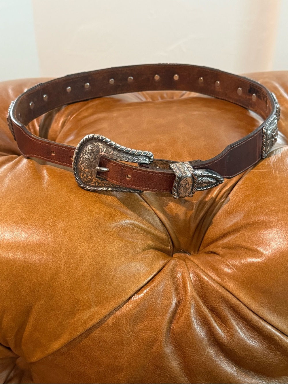 Rare Vintage 90s Tony Lama German Silver Floral Concho Leather Belt 28